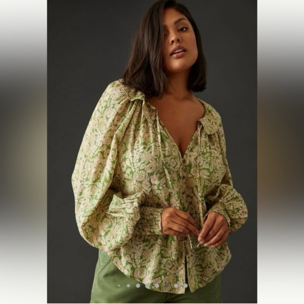 Anthropologie Green Floral Puff-Sleeve Blouse